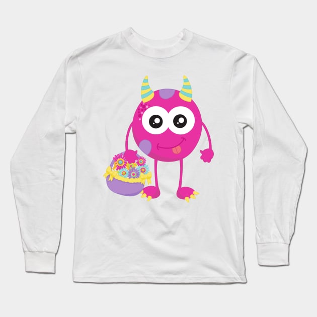 Spring Monster, Pink Monster, Horns, Flowers Long Sleeve T-Shirt by Jelena Dunčević